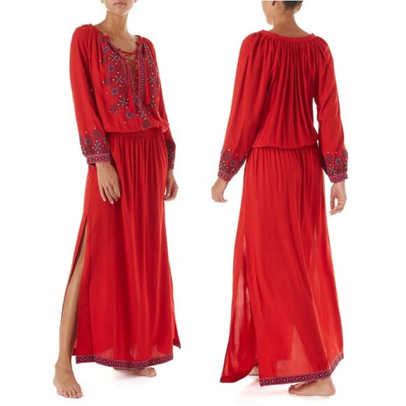 Melissa Odabash Sienna Embroidered 3/4 Sleeve Maxi Dress Red Women's Size S